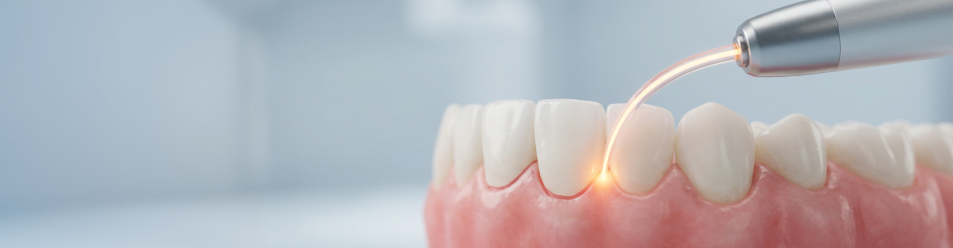 Close-up illustration of laser gum contouring, with a dental laser precisely reshaping the gumline around the teeth to improve the appearance of the smile.